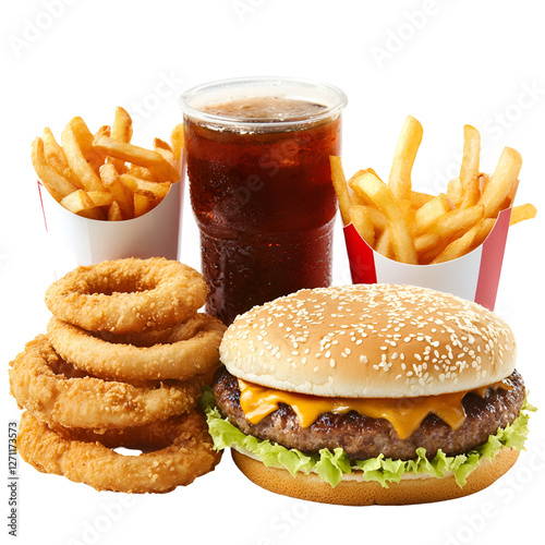 Delicious Cheeseburger Combo Fries, Onion Rings, and Soda photo