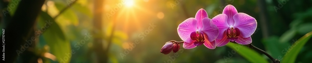 As the sun rises, an orchid blooms against a backdrop of rainforest foliage, nature, foliage, greenery As the sun rises, an orchid blooms against a backdrop of rainforest foliage, nature, foliage, greenery
