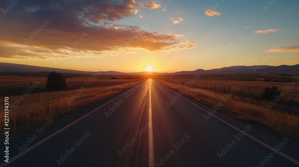 Naklejka premium Serene landscape featuring wide open road under a captivating sunset with golden rays illuminating the horizon : Generative AI