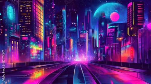 Neon Cityscape Vibrant Nighttime Urban Scene