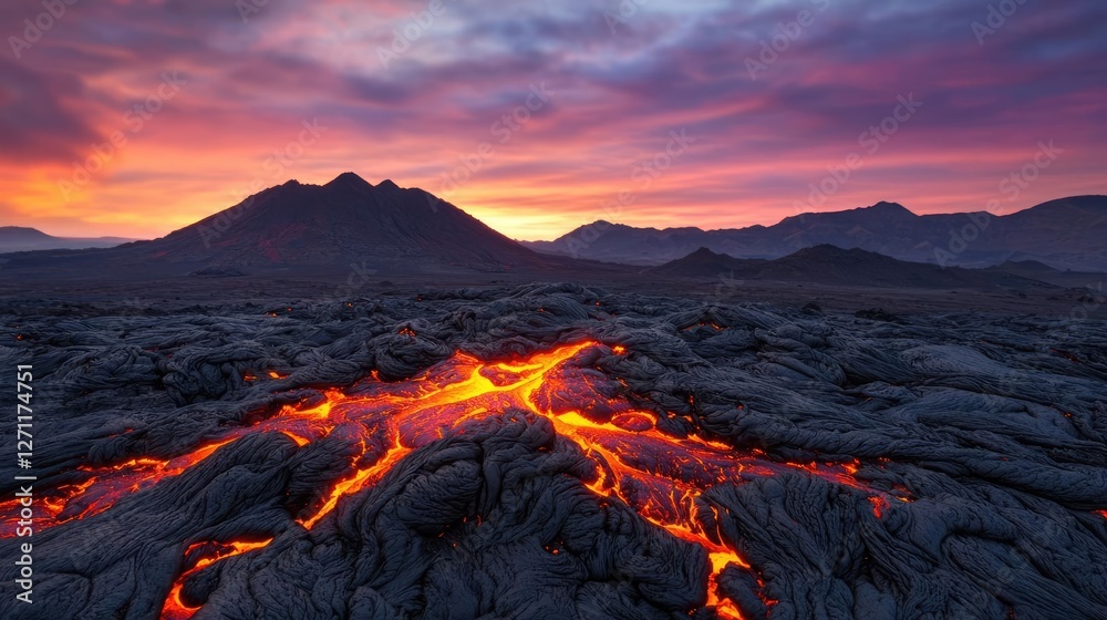 Fototapeta premium Volcanic landscapes concept. A breathtaking view of molten lava flowing through rugged terrain at sunset.
