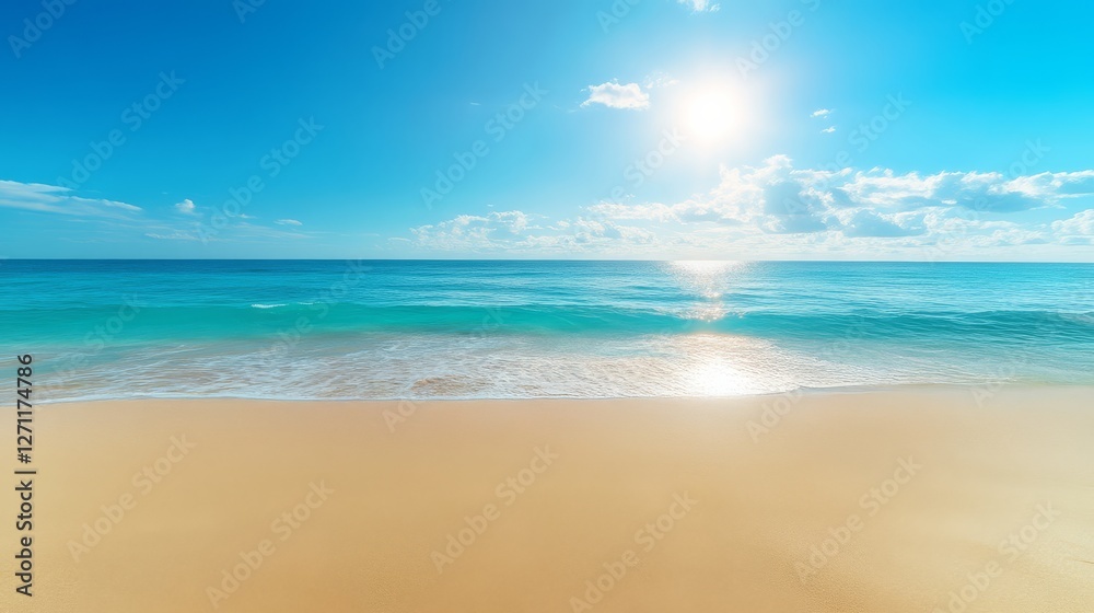 A serene beach scene featuring golden sand, gentle waves, and a bright blue sky with a radiant sun shining overhead. A serene beach scene featuring golden sand, gentle waves, and a bright blue sky with a radiant sun shining overhead.