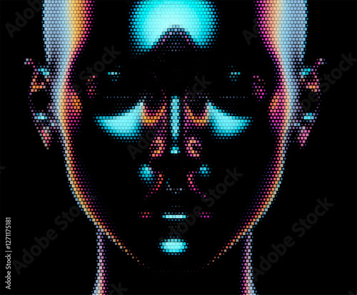 Futuristic vector illustration of a digital face with iridescent, pixelated textures on a black background. The design emphasizes modernity and a reflective, technological aesthetic.