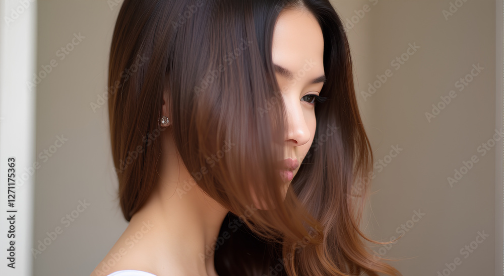 Naklejka premium Gorgeous model with sleek long shiny brown hair Keratin treatment care and spa for a sleek style