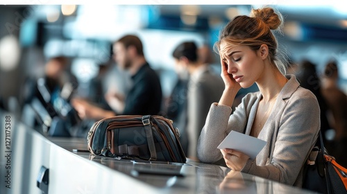 Stressed woman airport check-in travel delay
