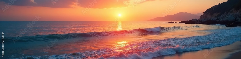 Softly glowing orange hues above tranquil harbour waters, gentle waves caress the shore, colours, water, serene atmosphere Softly glowing orange hues above tranquil harbour waters, gentle waves caress the shore, colours, water, serene atmosphere