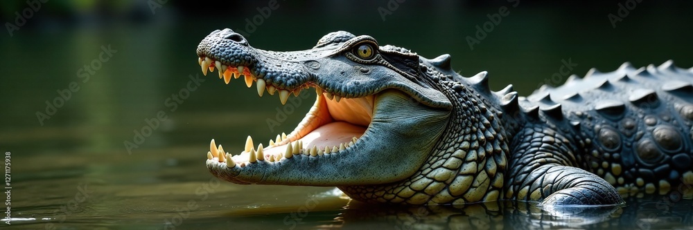 Fototapeta premium crocodile's powerful jaws stretched wide to reveal razor-sharp teeth and throat muscles, wildlife, reptile, massive reptile