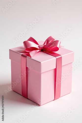 Pink box with ribbons and bows on white background, gift, bows