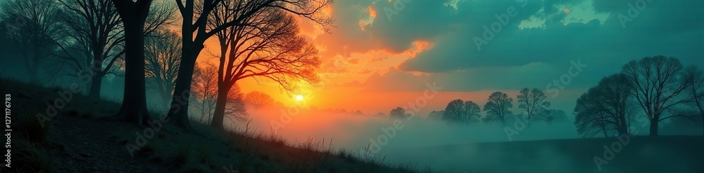 Gradient teal and orange sunset behind spooky trees, teal, orange Gradient teal and orange sunset behind spooky trees, teal, orange