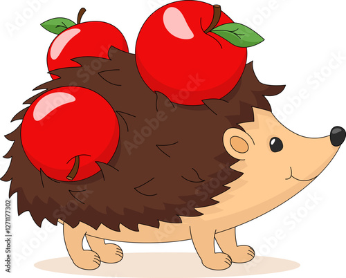 Hedgehog with three red apples on his back close-up on a white background. Character
