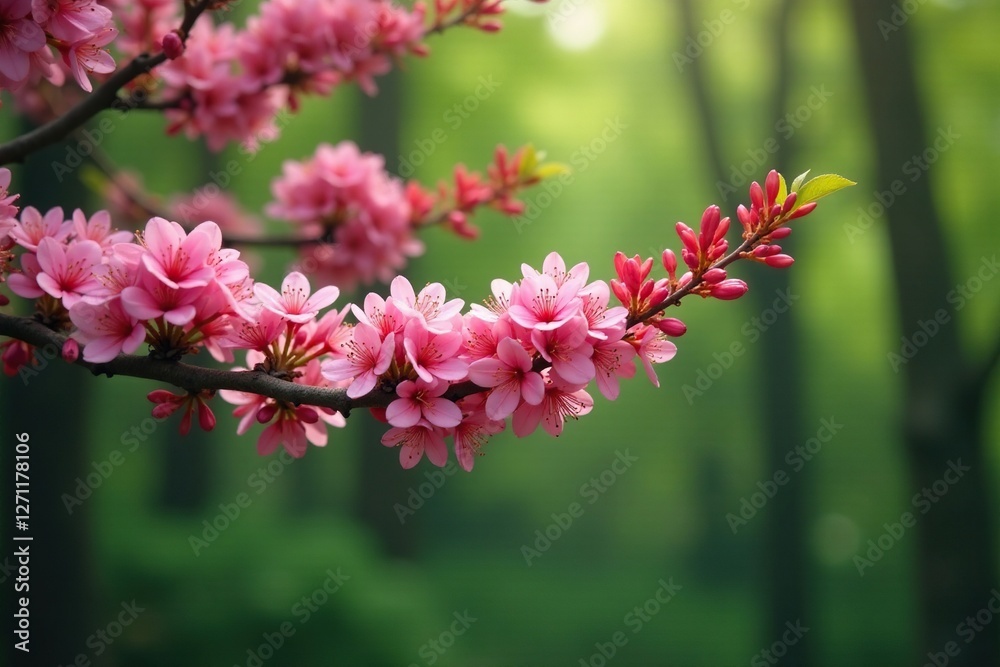 Branches heavy with clusters of small pink flowers, blooming trees, forest scenery, nature Branches heavy with clusters of small pink flowers, blooming trees, forest scenery, nature