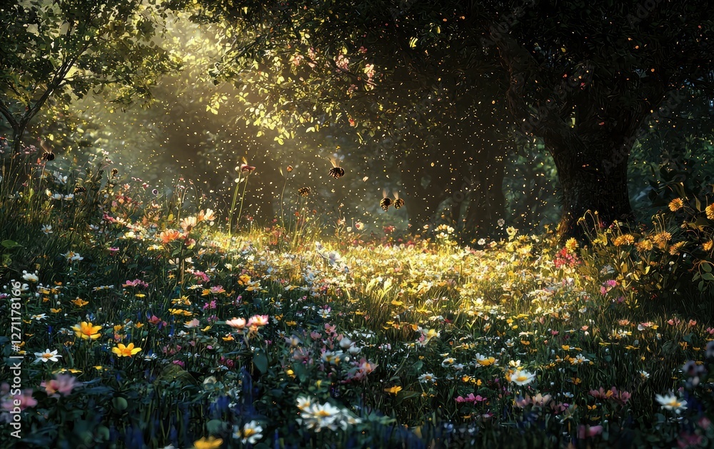 Obraz premium A peaceful meadow with wildflowers, bees pollinating plants