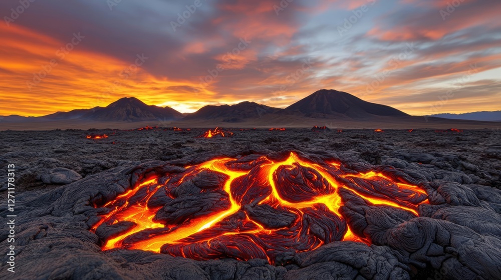 Volcanic landscapes concept. An awe-inspiring view of lava flowing under a dramatic sunset sky.