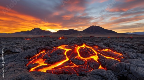 Obraz na płótnie Volcanic landscapes concept. An awe-inspiring view of lava flowing under a dramatic sunset sky. w salonie