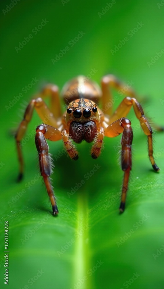 Closeup of a spider's long jaws on a banana leaf crevice, nature, banana leaf Closeup of a spider's long jaws on a banana leaf crevice, nature, banana leaf