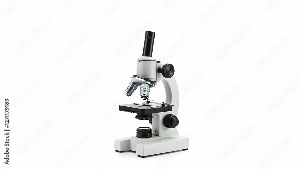 A simple black microscope in a laboratory in white background A simple black microscope in a laboratory in white background