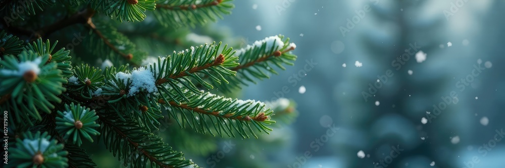 Evergreen pine tree with snowflakes gently falling on its branches, calm atmosphere, evergreen trees Evergreen pine tree with snowflakes gently falling on its branches, calm atmosphere, evergreen trees