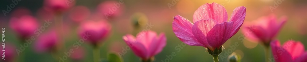 Pink Evening Primrose petals unfolding in the morning dew, pink flowers, flora Pink Evening Primrose petals unfolding in the morning dew, pink flowers, flora