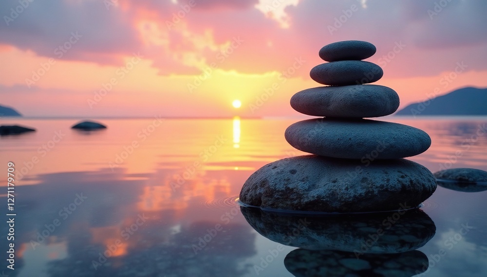 Weathered stone stacks near lake shore at dawn, reflection, serene Weathered stone stacks near lake shore at dawn, reflection, serene