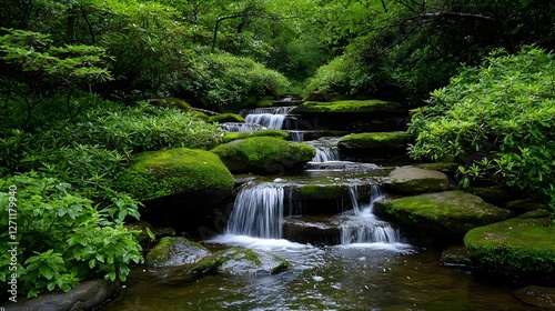Cascading Waterfall in Lush Green Forest