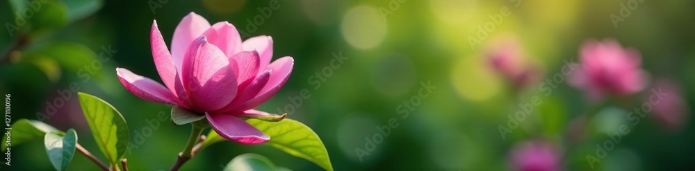 Rose violet magnolia blooms in a lush green garden, growth, garden Rose violet magnolia blooms in a lush green garden, growth, garden