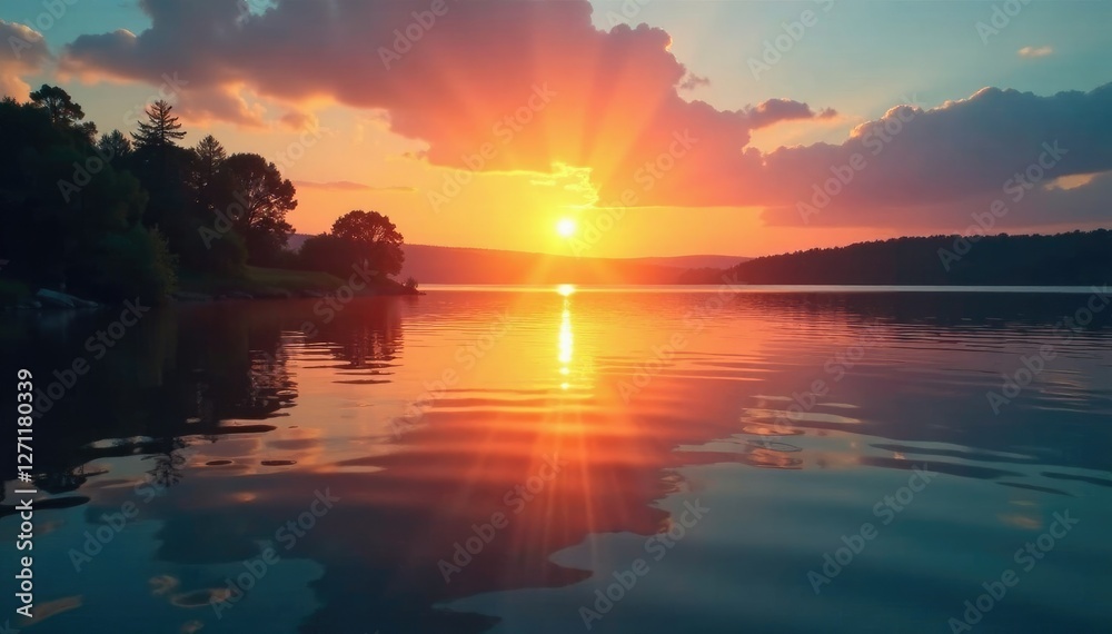 Obraz premium Evening sun casting a warm glow on the lake's surface, evening sun lake warm glow serene peaceful water, sun