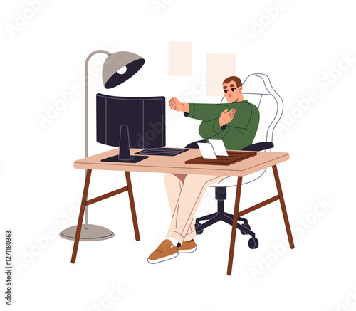 Freelancer with sedentary work does physical exercises at computer desk. Office worker stretches on chair. Employee does yoga workout at home workplace. Flat isolated vector illustration on white