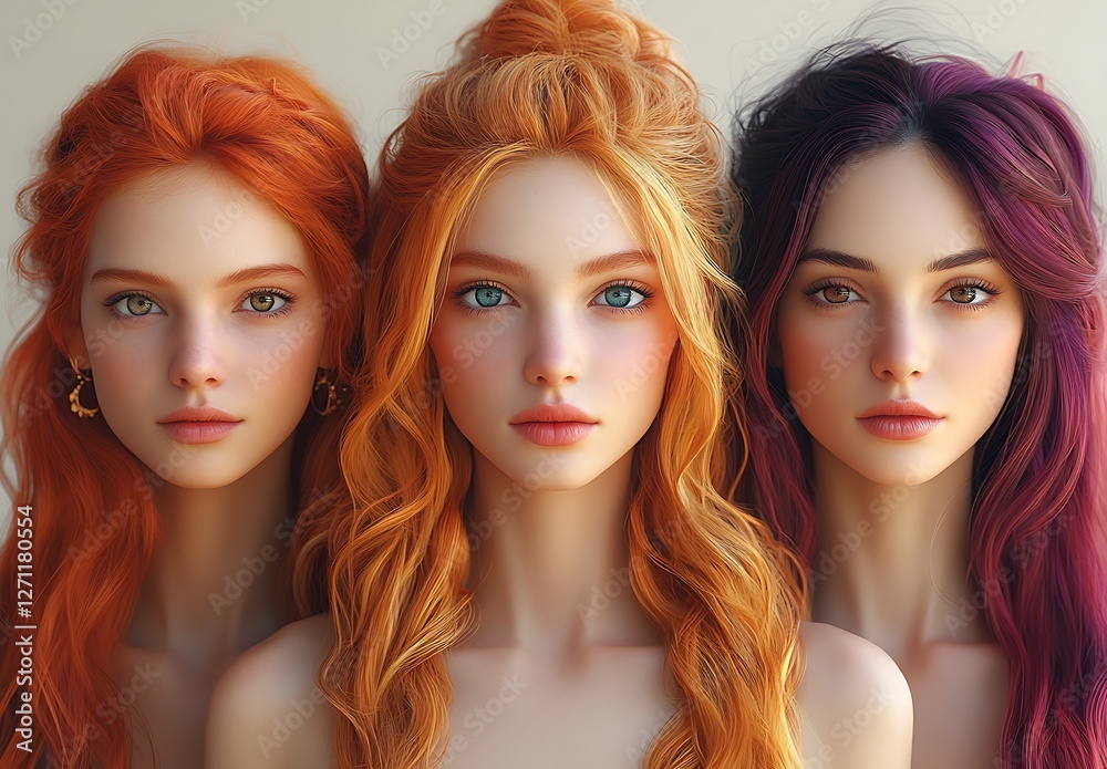 Mannequins Showcasing Vibrant Wigs in Orange Copper and Purple Mannequins Showcasing Vibrant Wigs in Orange Copper and Purple