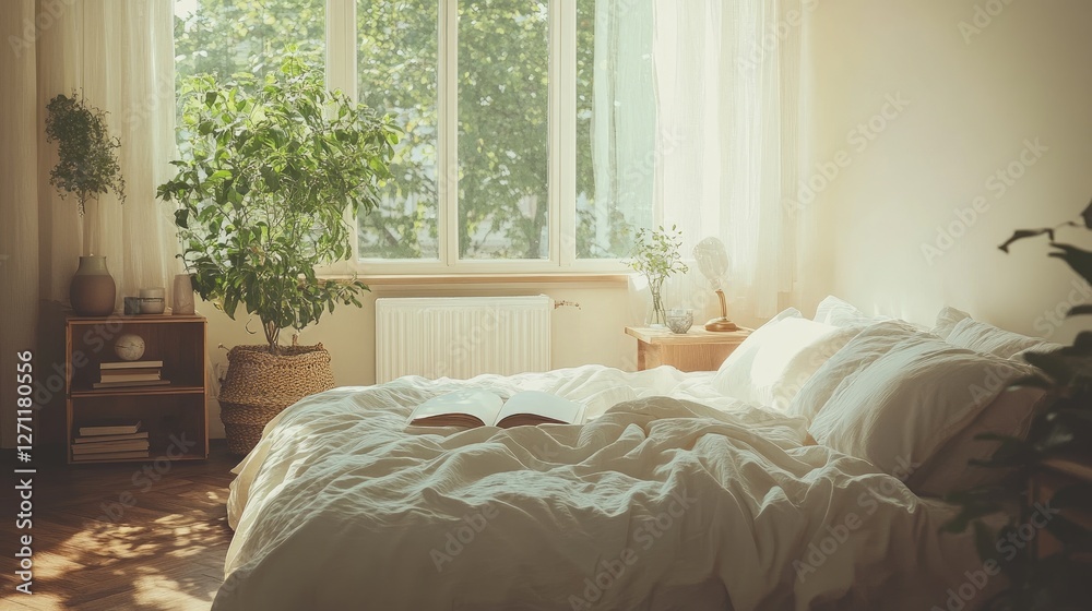 Fototapeta premium Sunny bedroom, plants, open book, morning light