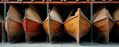 Wooden boat leaning against another wooden boat on the metal storage rack, storage, wood