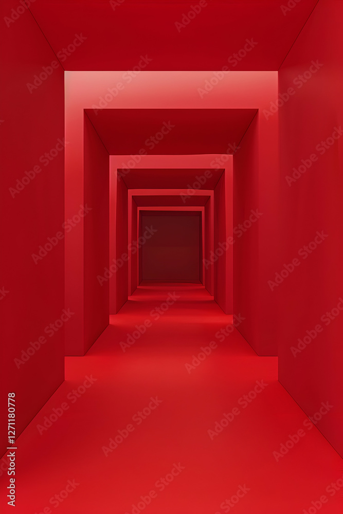 Abstract red tunnel with geometric shapes creating a sense of depth and perspective Abstract red tunnel with geometric shapes creating a sense of depth and perspective