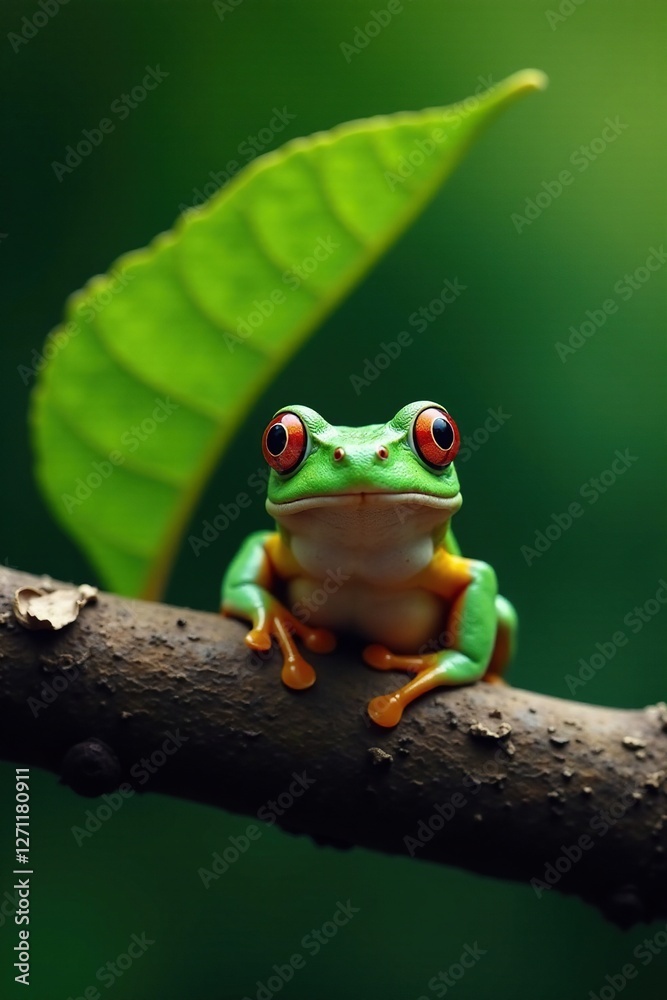 Frog peeking out from behind a large leaf on a tree branch, branch, leaf, camouflage Frog peeking out from behind a large leaf on a tree branch, branch, leaf, camouflage