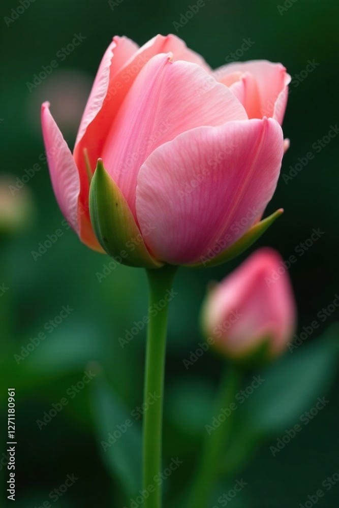 Muted pink petals unfolding on a lush green stem, flowers, garden Muted pink petals unfolding on a lush green stem, flowers, garden