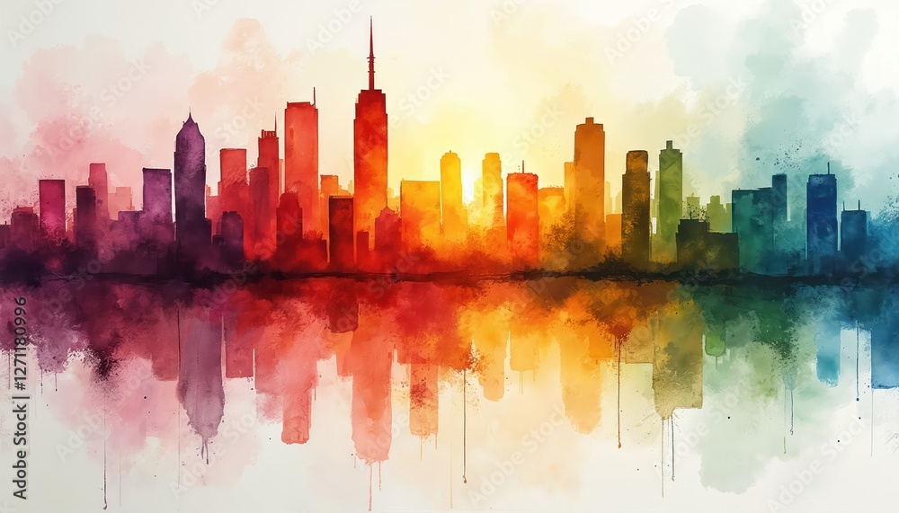 Fototapeta premium Colorful abstract cityscape illustration with vibrant skyline reflected in water. Watercolor effect creates dynamic urban landscape. Modern painting for wall art, backgrounds, digital design,