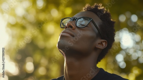 Myopia prevention with a man wearing glasses practicing yoga at sunrise. Wellness, fitness, and eye protection