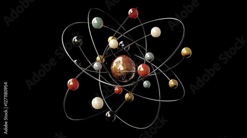 a detailed illustration of an atom, showing protons, neutrons, and electrons in their orbits.