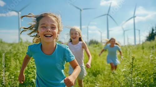 Carefree Children Frolicking in Eco Friendly Meadow with Wind Turbines on Horizon
