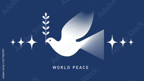 White bird Dove is a symbol of peace in the word. Dark Blue background. Flat vector design, logo, emblem, banner

