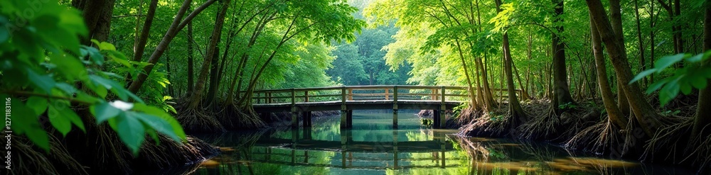 Dense mangrove forest with a wooden bridge in the background, greenery, wetland Dense mangrove forest with a wooden bridge in the background, greenery, wetland