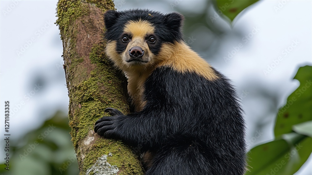 Obraz premium A highly detailed image of a spectacled bear climbing a tree in the Andean mountains, its thick fur catching the soft golden sunlight.