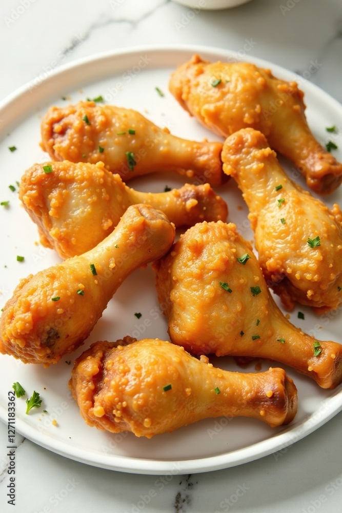 Golden brown crispy fried chicken drumsticks scattered across a marble table surface, dining, restaurant, chicken Golden brown crispy fried chicken drumsticks scattered across a marble table surface, dining, restaurant, chicken
