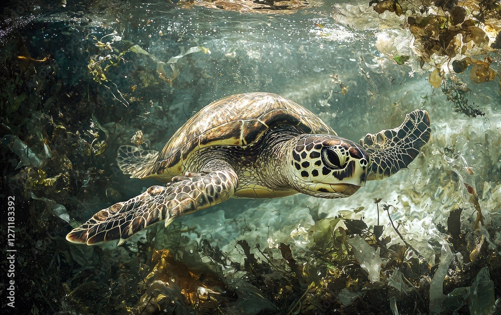 Fototapeta premium A sea turtle struggling to swim, tangled in plastic waste