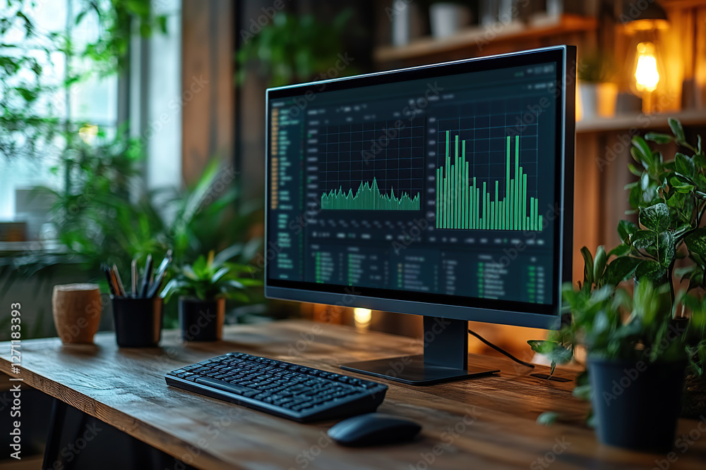 Fototapeta premium Monitor screen with price graphs and candlestick charts, cryptocurrency