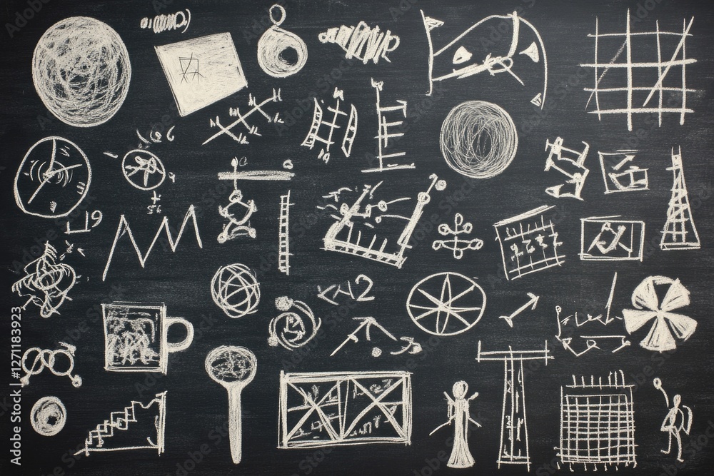 A blackboard filled with colorful drawings and diagrams A blackboard filled with colorful drawings and diagrams