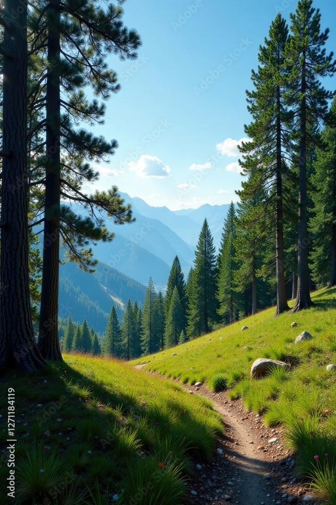 Fototapeta premium A tranquil scene of a pine forest on a hill with a sunny sky, trees, landscape photography, hill