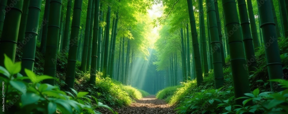 Ancient bamboo stalks rise from the dense undergrowth, tall, bamboo, foliage