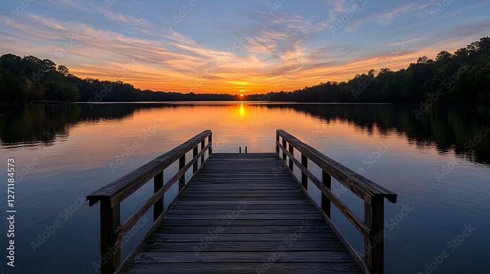 Obraz premium Serene Sunset over Calm Lake with Wooden Dock