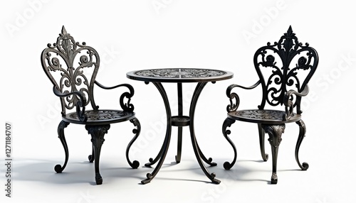 Elegant black iron patio set with intricate design including two chairs, table. Classic wrought metal garden furniture offers sophisticated dining, seating, backyard relaxation, lifestyle. Artistic
