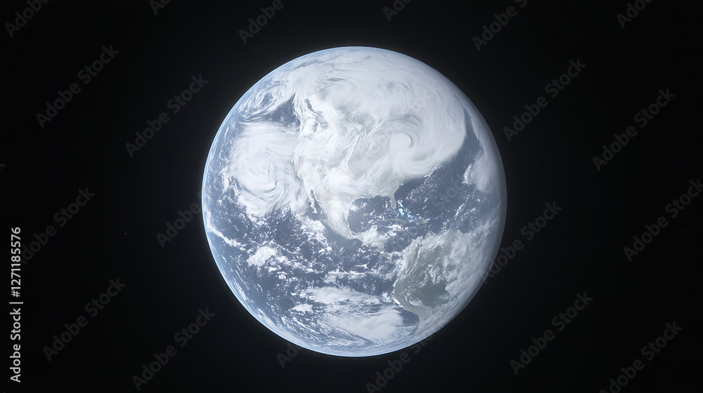 Naklejka premium Celestial Orb Clouds and Landmasses Earth Like Planet Atmosphere Outer Space Vista Exploration