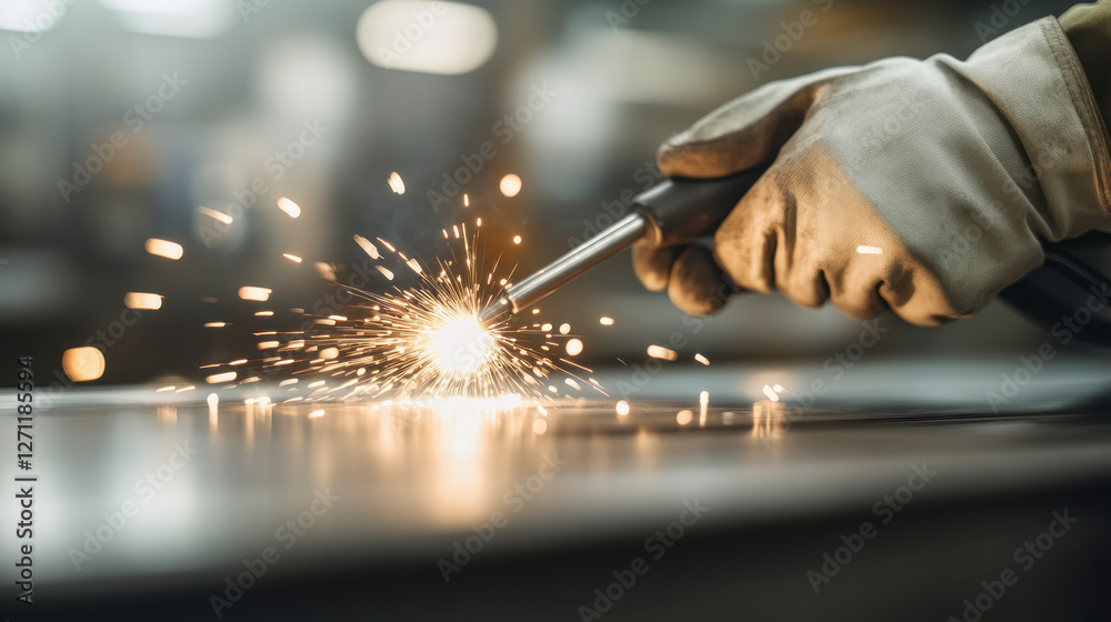 Worker igniting a welding rod, creating sparks on metal. Worker igniting a welding rod, creating sparks on metal.